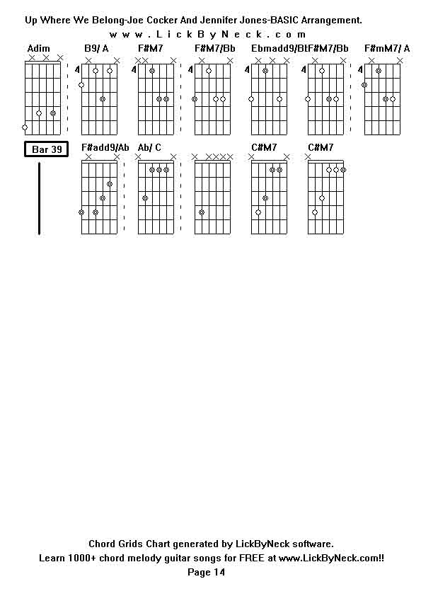 Chord Grids Chart of chord melody fingerstyle guitar song-Up Where We Belong-Joe Cocker And Jennifer Jones-BASIC Arrangement,generated by LickByNeck software.